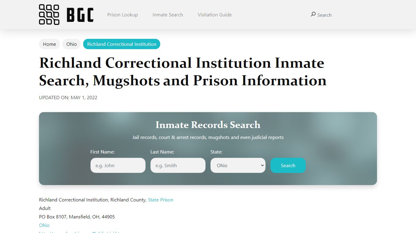 Richland Correctional Institution Inmate Search, Mugshots ...